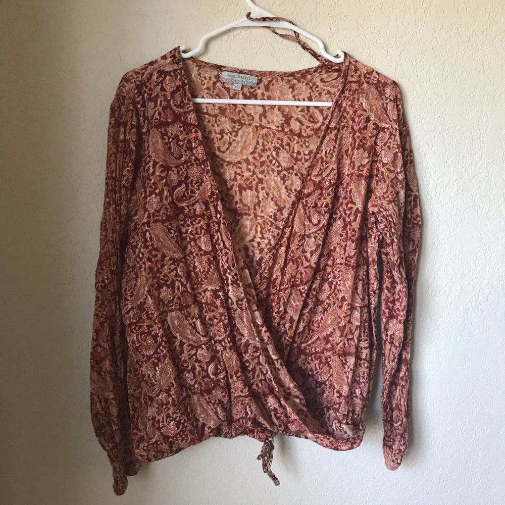 Burnt organize patterned deep V long sleeve shirt!